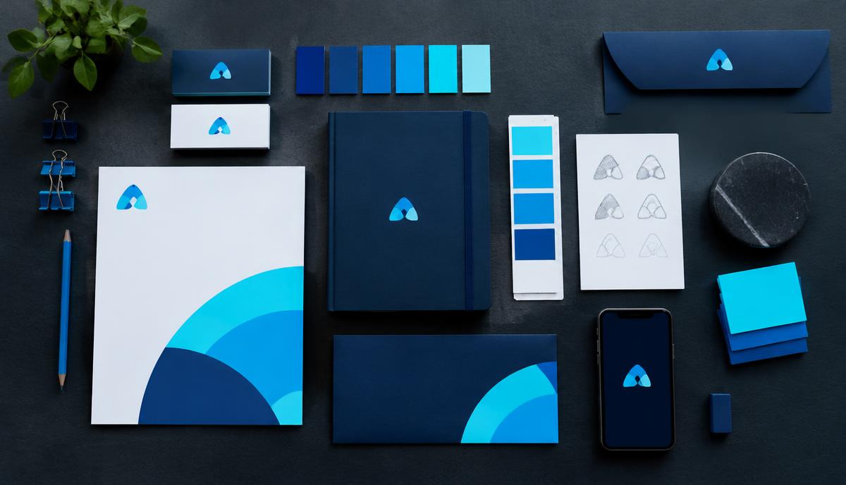 Brand identity flat lay with business cards, colour swatches and logo sketches