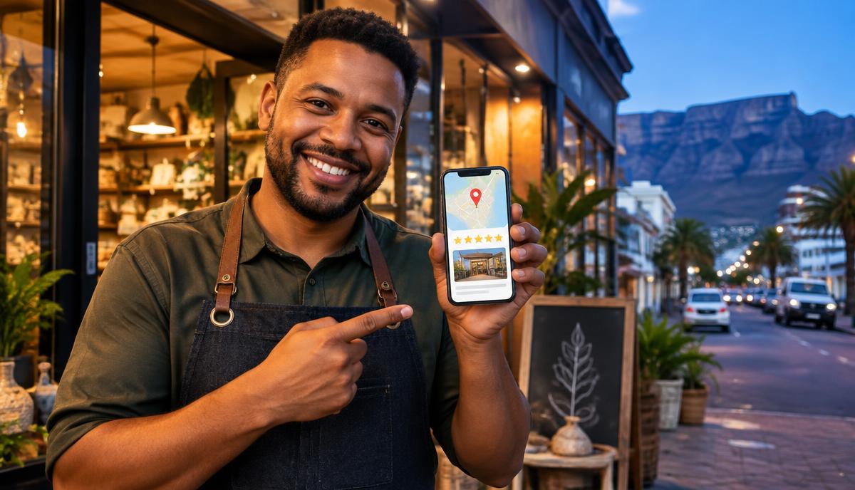 Cape Town shop owner showing a five-star business listing on his phone