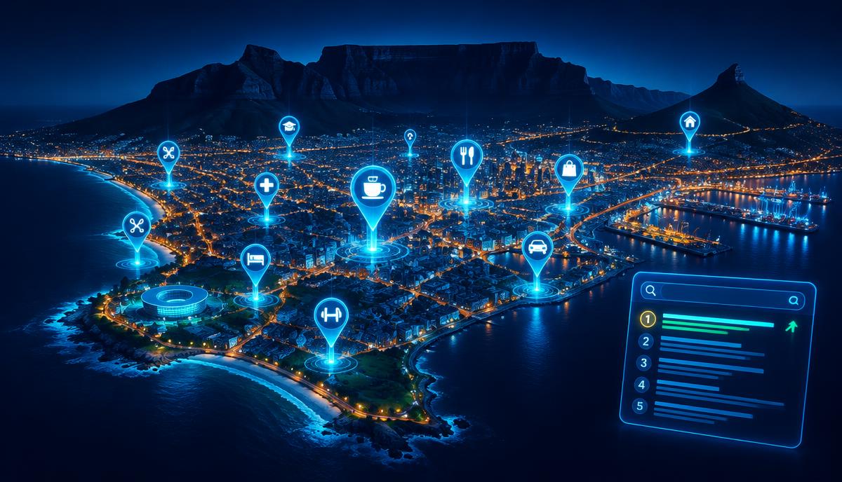 Glowing map of Cape Town with business location pins and search rankings