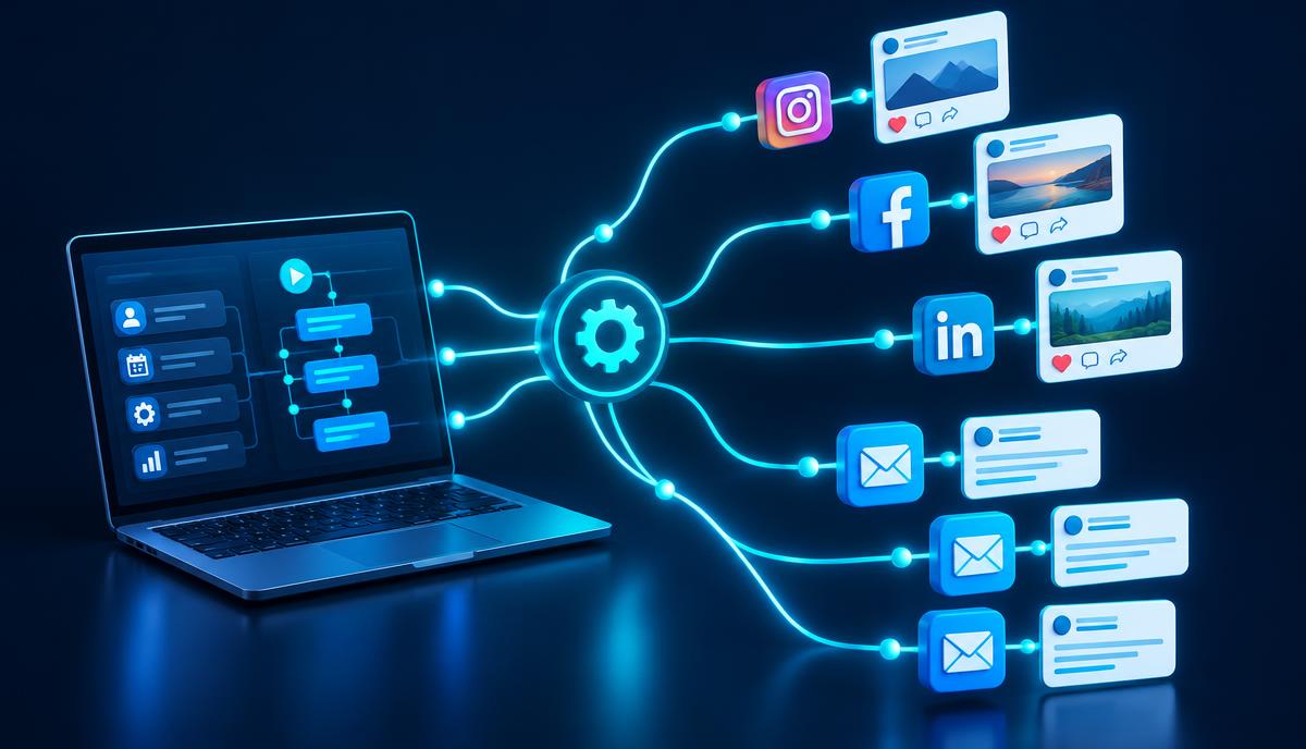 Laptop sending automated posts to social media and email channels