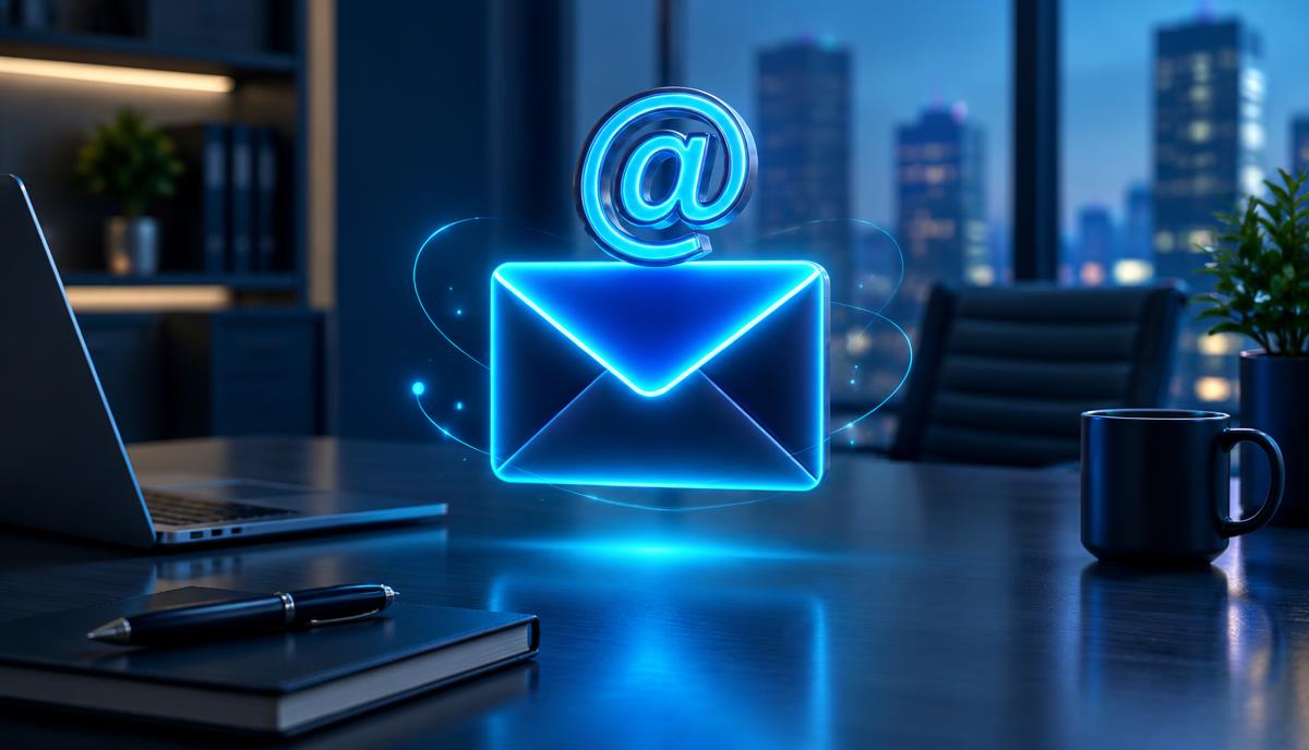 Glowing email envelope with an at symbol above an office desk