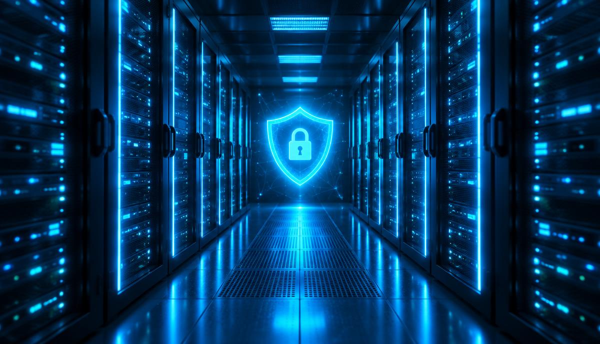 Server room with glowing racks and a security shield