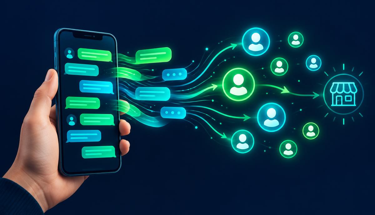 Smartphone with chat messages flowing out and turning into customer icons